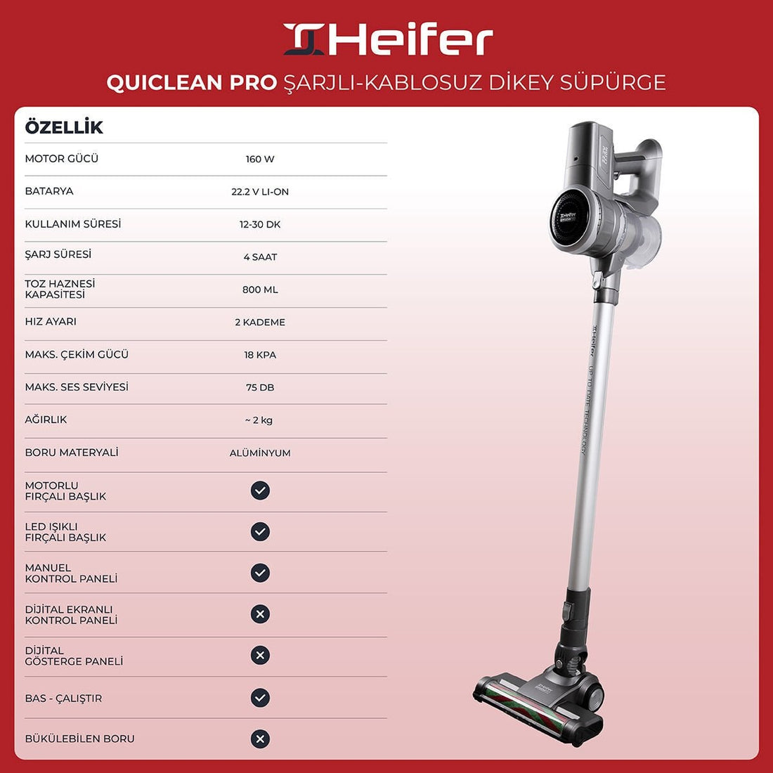 Heifer Quiclean Pro Şarjlı Kablosuz Dikey Süpürge